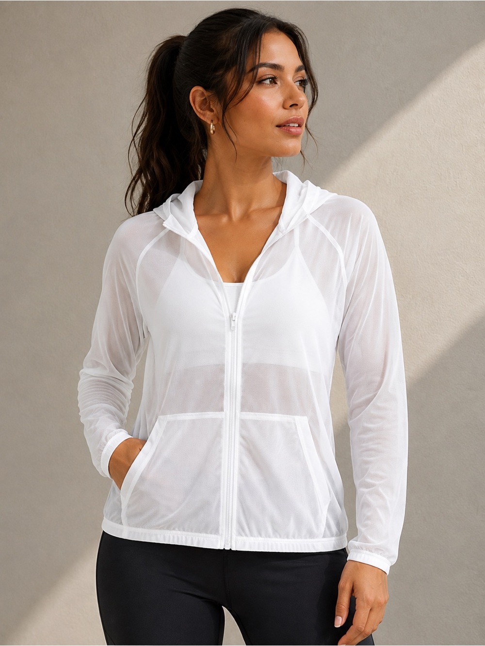 Women’s White Lightweight Hooded Swim Cover-Up Jacket